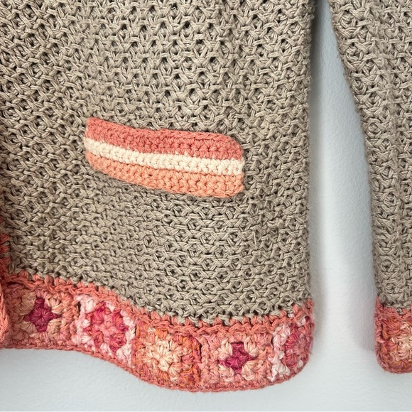 J Jill Linen Open Knit Crochet Cardigan Beige Granny Square Size Medium Petite - Picture 2 of 11